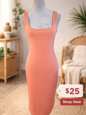Sleeveless Square Neck Bodycon Dress in Coral